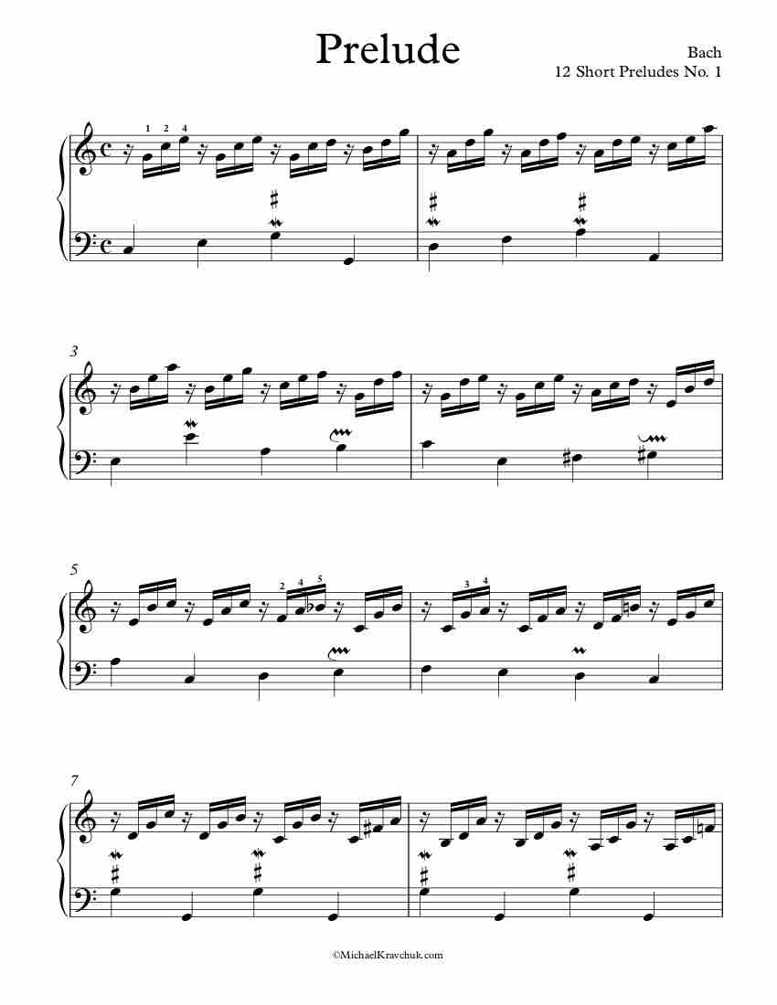 Free Piano Sheet Music - 12 Short Preludes No. 1 - Bach
