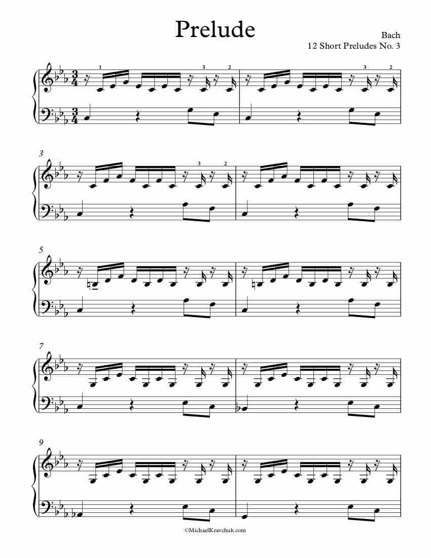 Free Piano Sheet Music - 12 Short Preludes No. 3 - Bach
