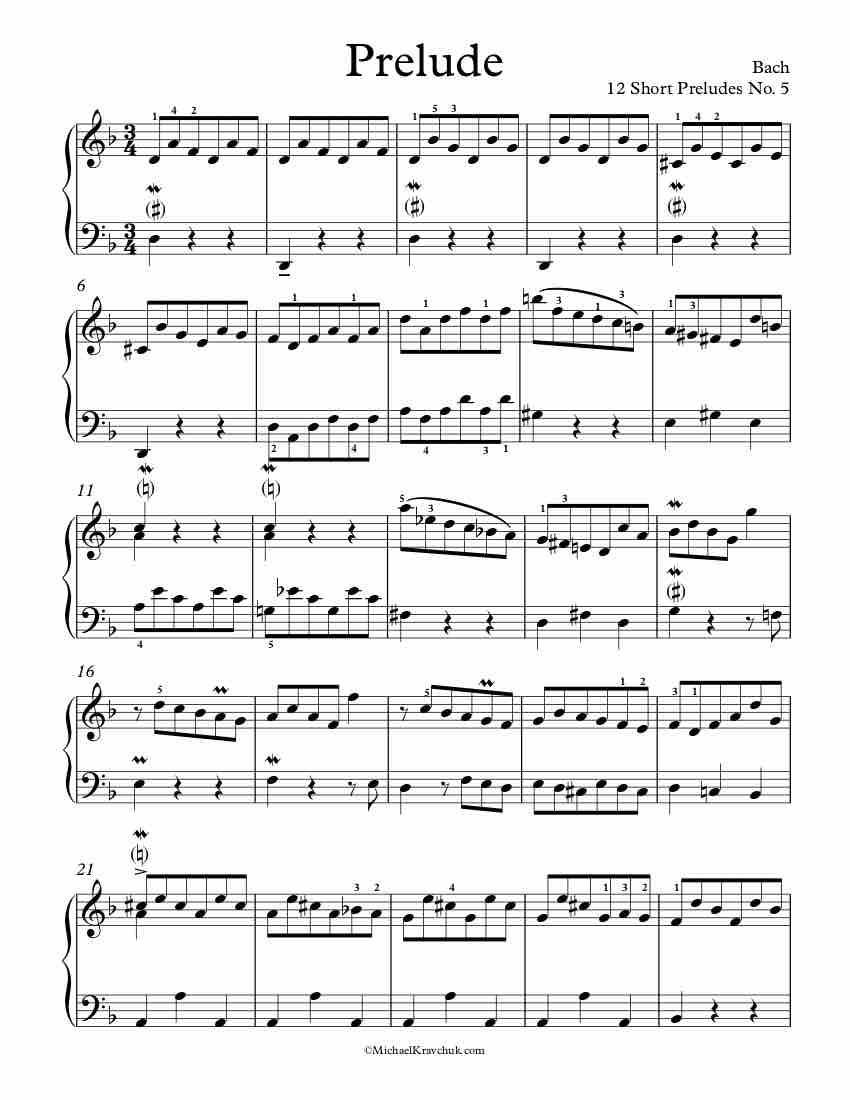 Free Piano Sheet Music - 12 Short Preludes No. 5 - Bach