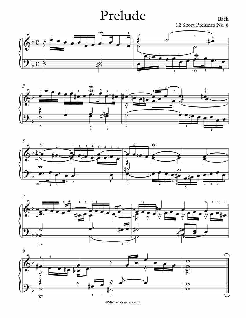 Free Piano Sheet Music - 12 Short Preludes No. 6 - Bach
