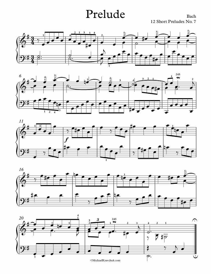 Free Piano Sheet Music - 12 Short Preludes No. 7 - Bach