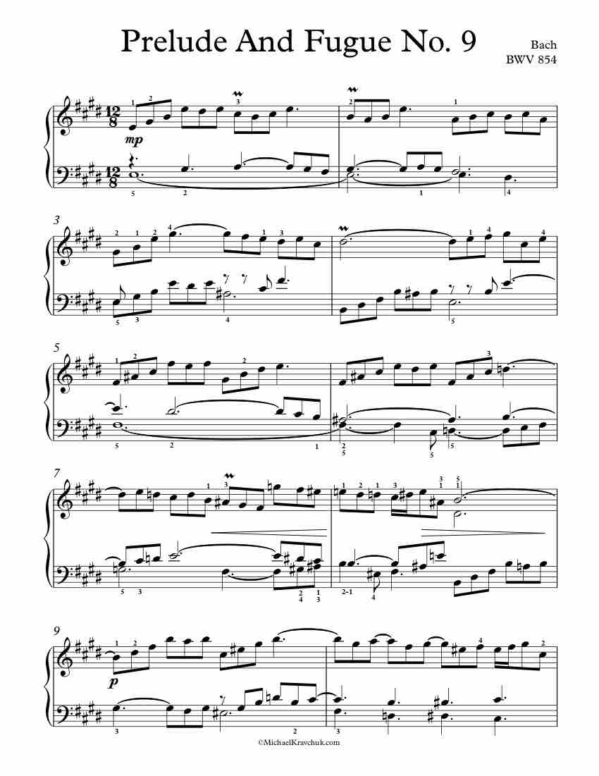 Free Piano Sheet Music - Prelude And Fugue No. 9 BWV 854 - Bach