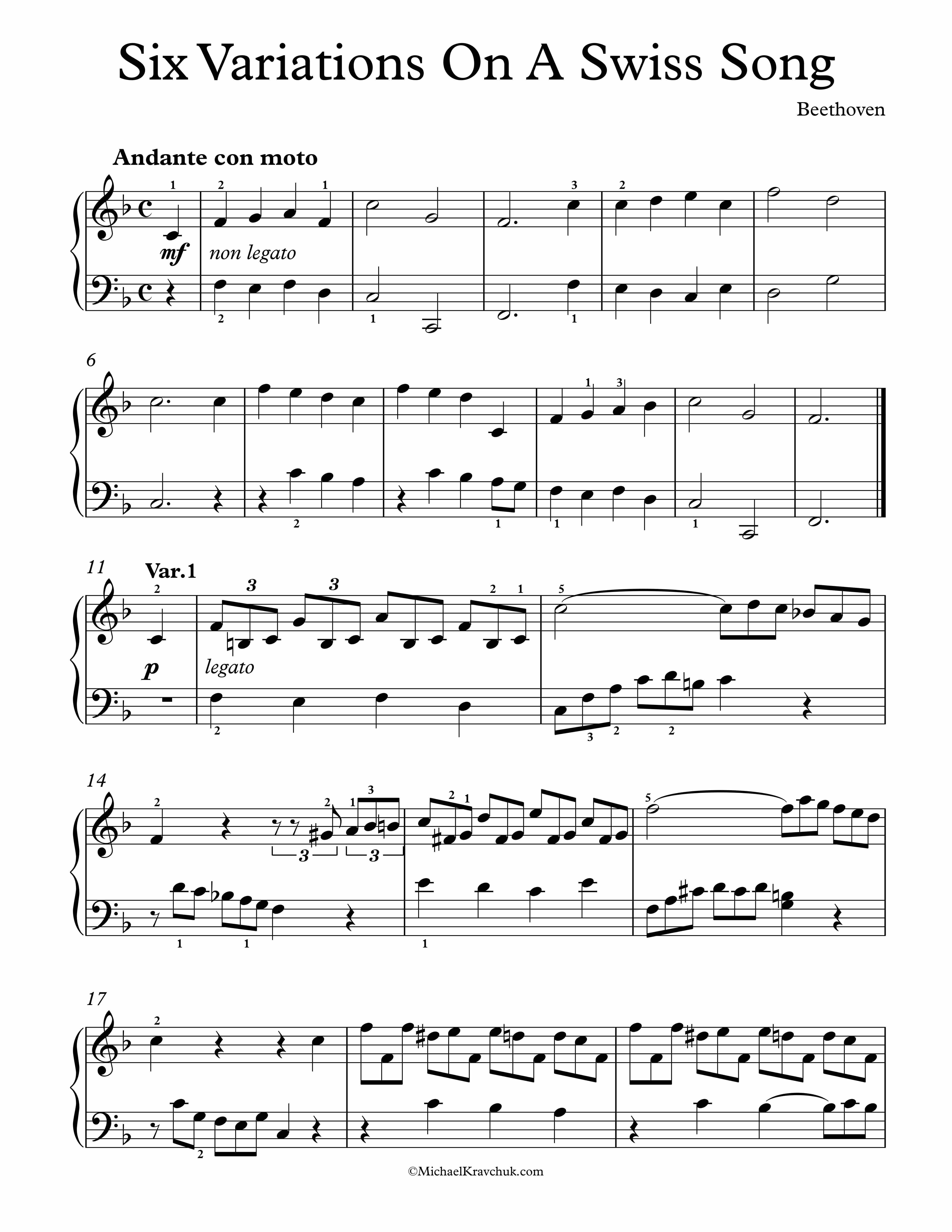 Free Piano Sheet Music - Six Variations On A Swiss Song - Beethoven
