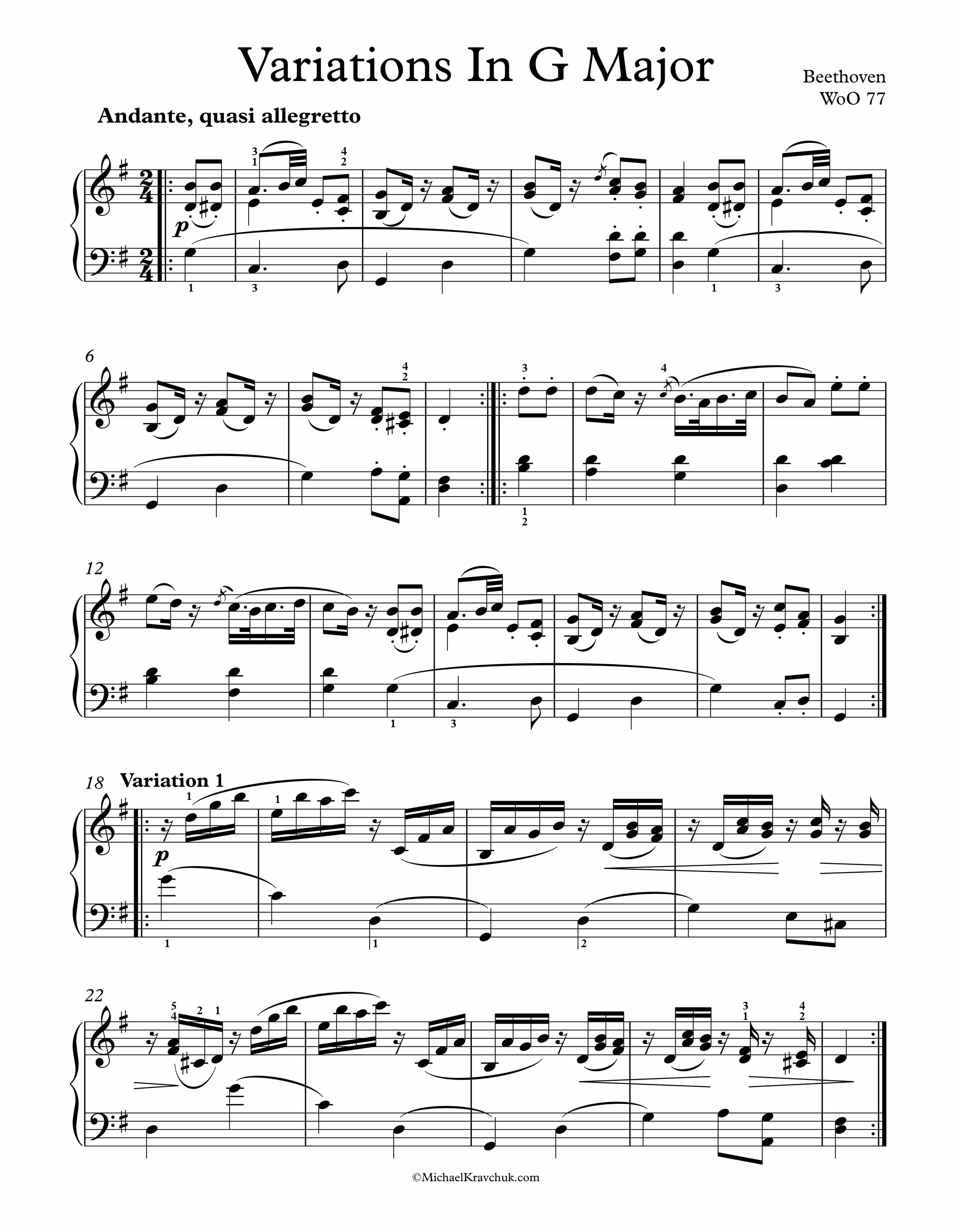 Free Piano Sheet Music - Variations In G Major WoO 77 - Beethoven