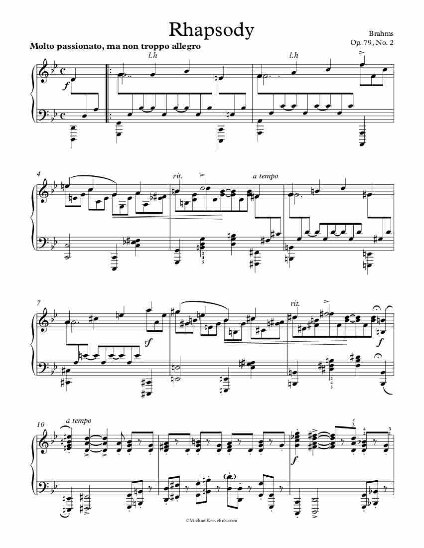 Free Piano Sheet Music - Rhapsody Op 79, No 2 - Brahms