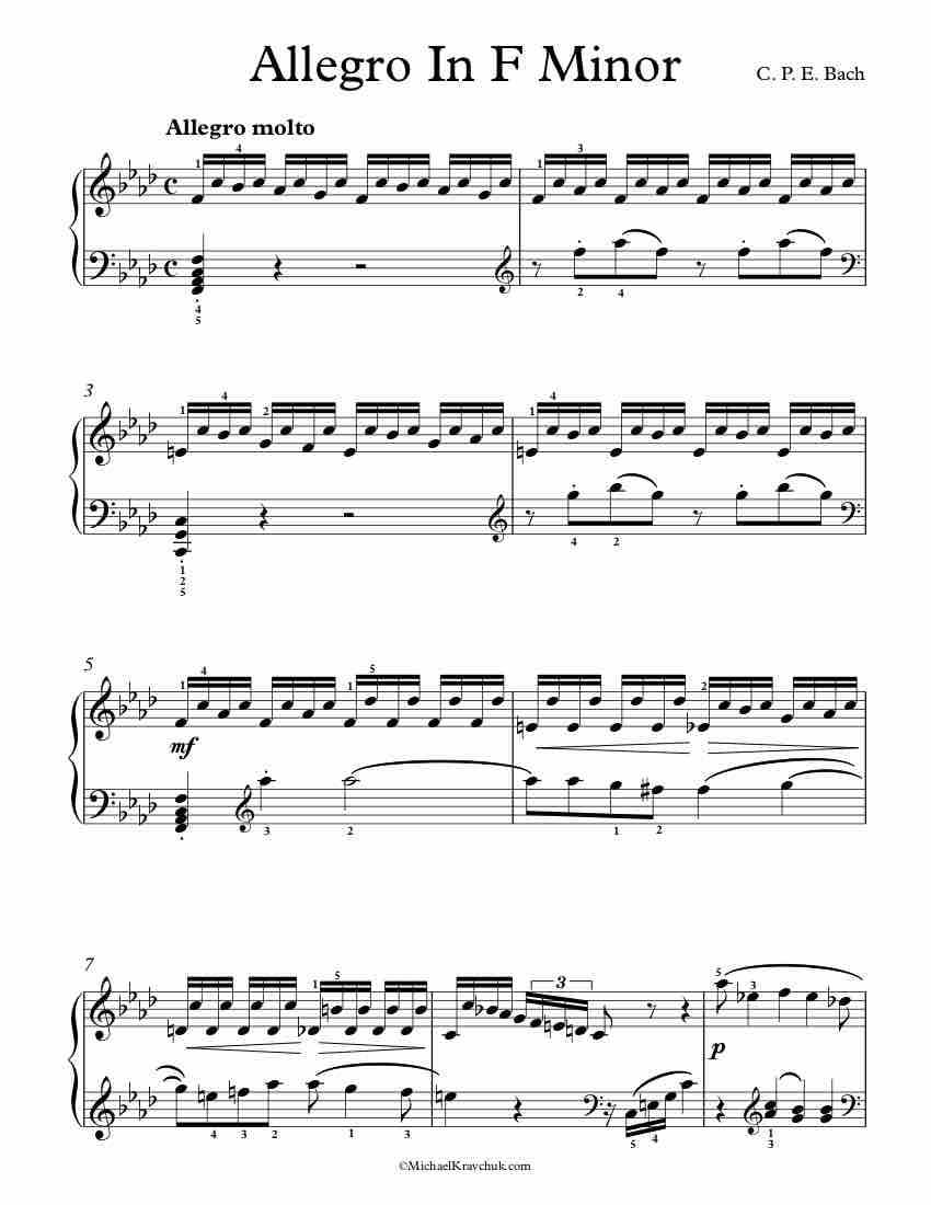 Free Piano Sheet Music - Allegro In F Minor 3 - C.P.E. Bach