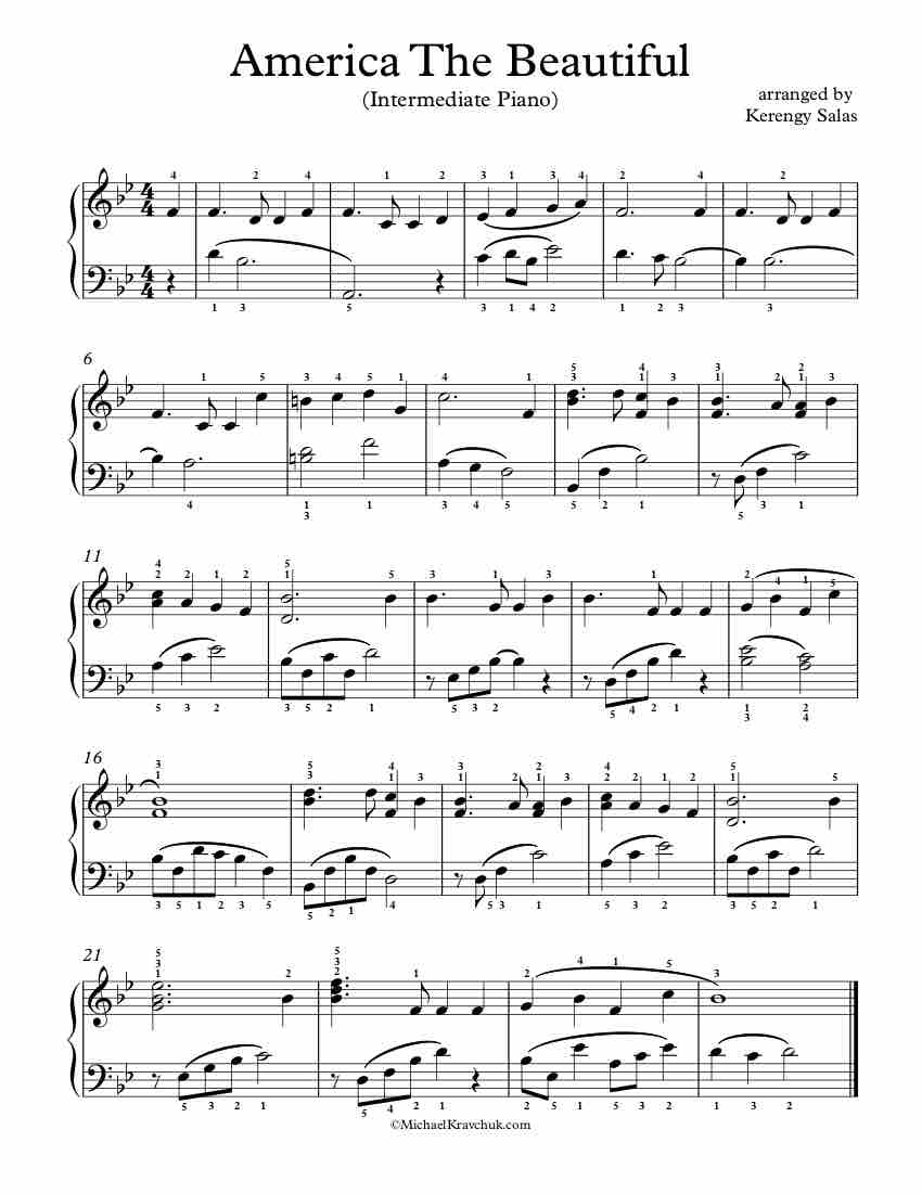 Free Piano Arrangement Sheet Music - America The Beautiful