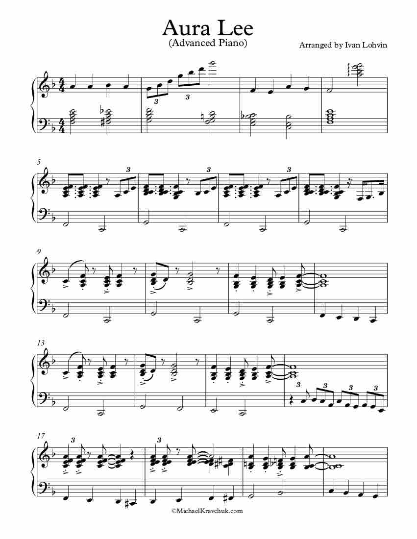 Free Piano Arrangement Sheet Music - Aura Lee