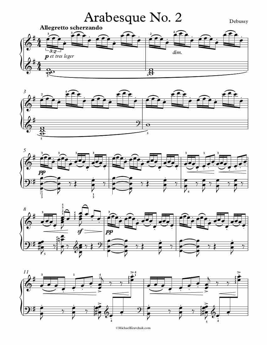 Free Piano Sheet Music -  Arabesque No. 2 - Debussy