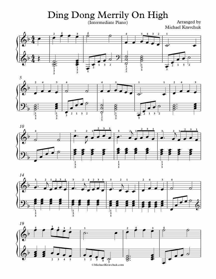 Free Piano Arrangement Sheet Music - Ding Dong Merrily On High - Intermediate