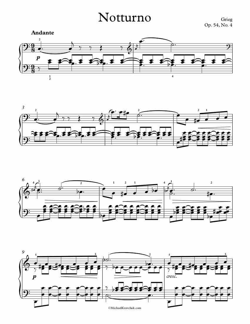 Free Piano Sheet Music - Notturno Op. 54, No. 4 - Grieg