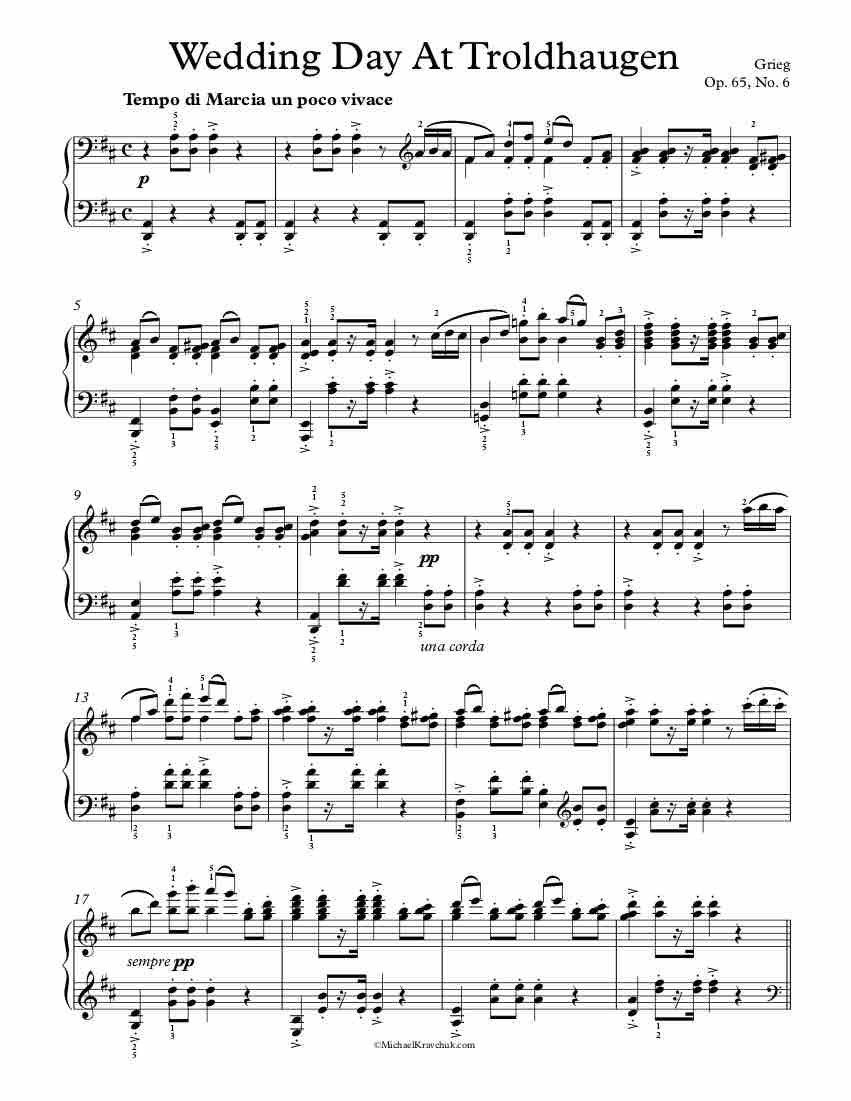 Free Piano Sheet Music - Wedding Day At Troldhaugen Op. 65, No. 6 - Grieg