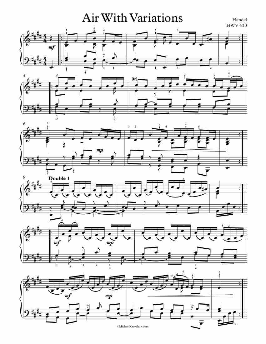 Free Piano Sheet Music - Air With Variations HWV 430 - Handel