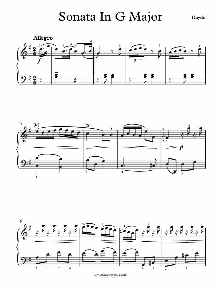 Free Piano Sheet Music - Sonata In G Major Hob. 8 - Haydn