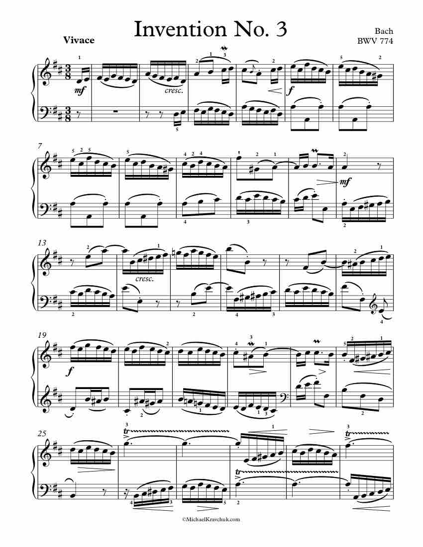 Free Piano Sheet Music -  Invention No. 3 BWV 774 - Bach