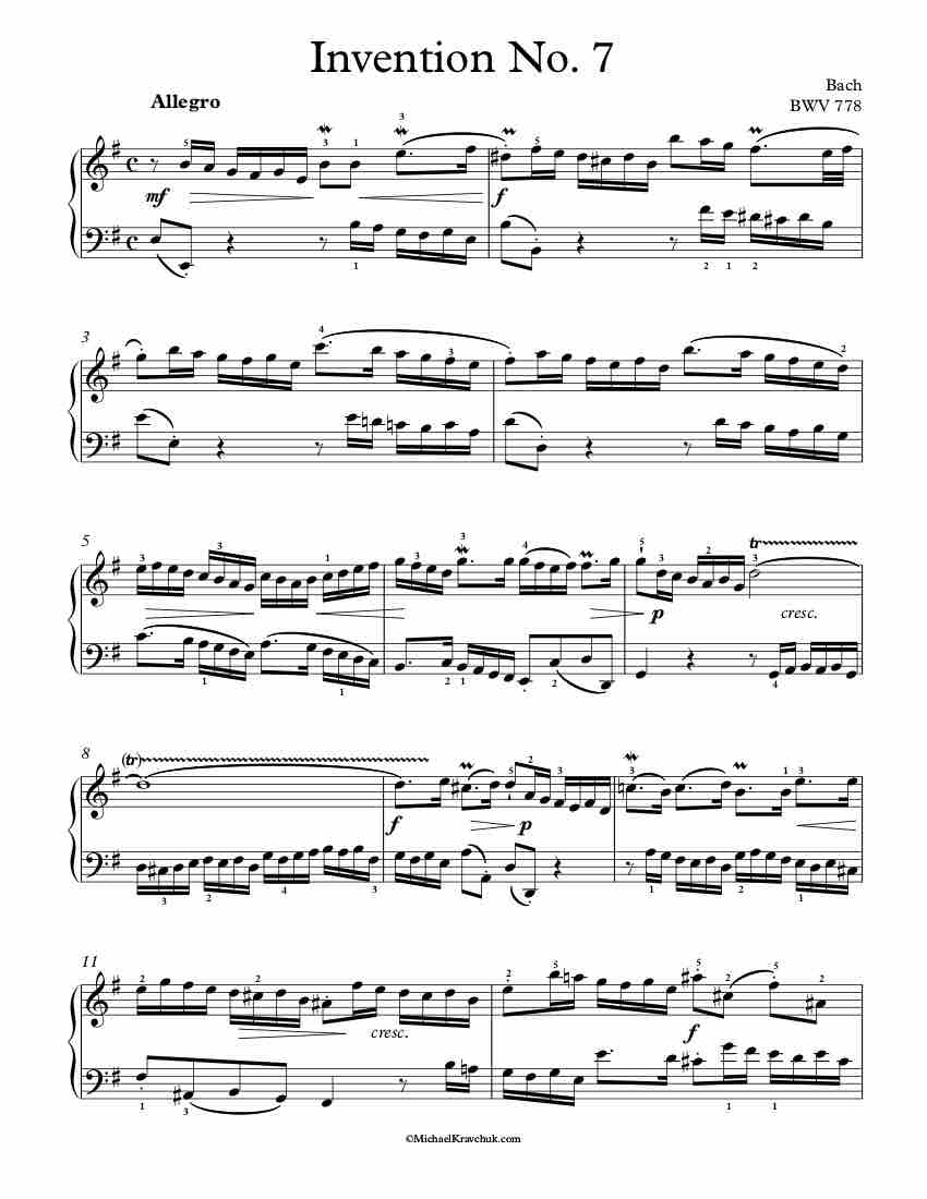 Free Piano Sheet Music - Invention No. 7 BWV 778 - Bach