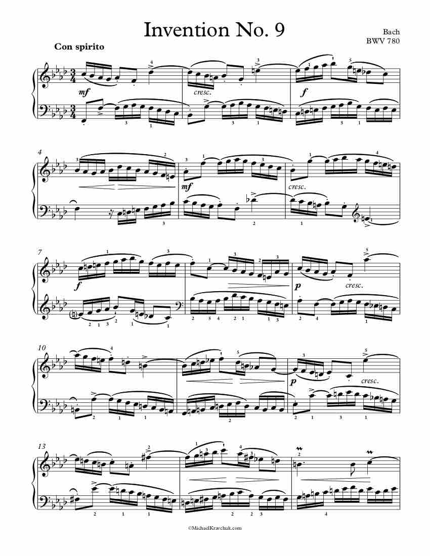 Free Piano Sheet Music - Invention No. 9 BWV 780 - Bach
