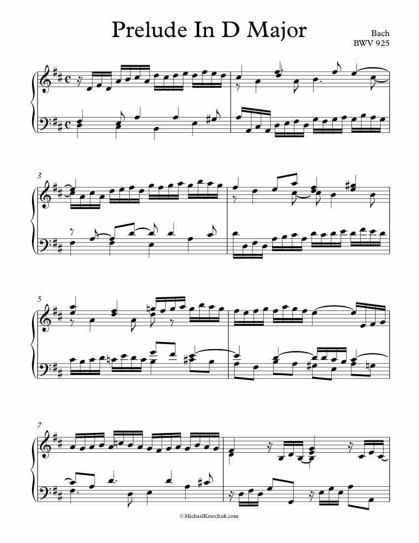 Free Piano Sheet Music - Prelude In D Major - BWV 925 - Bach