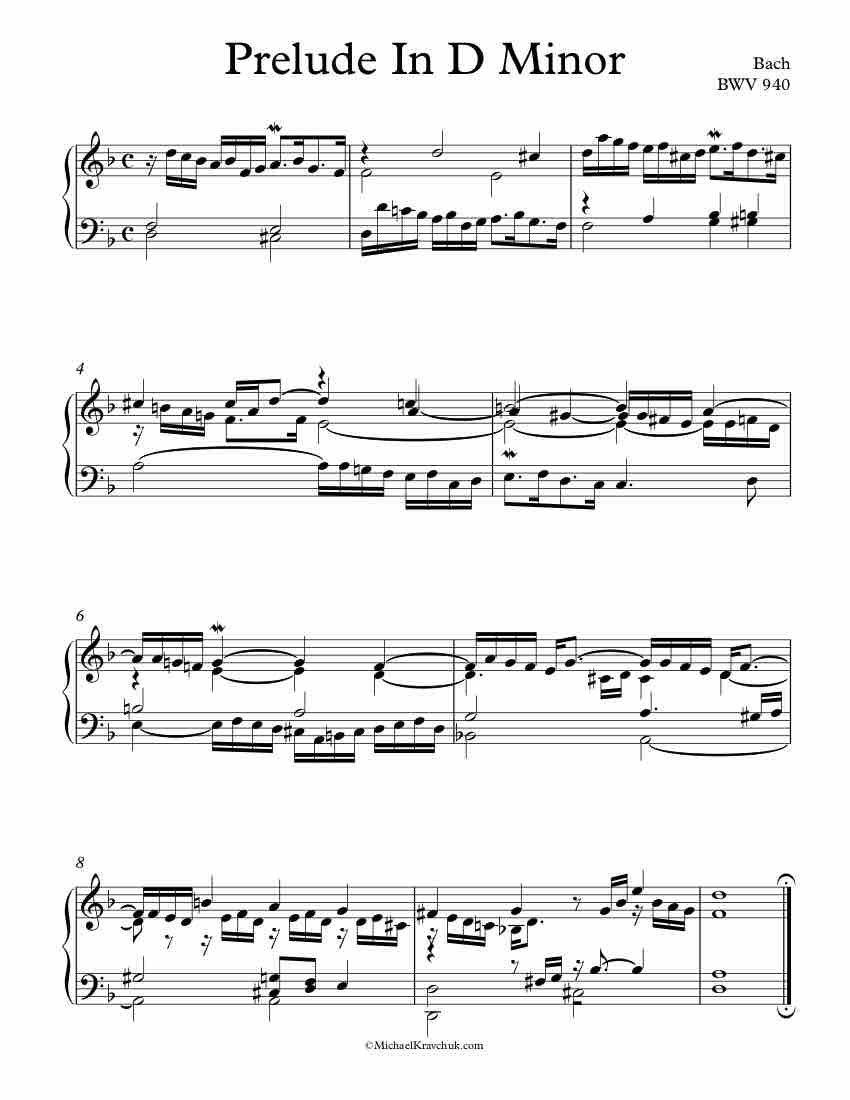 Free Piano Sheet Music - Prelude In D Minor - BWV 940 - Bach