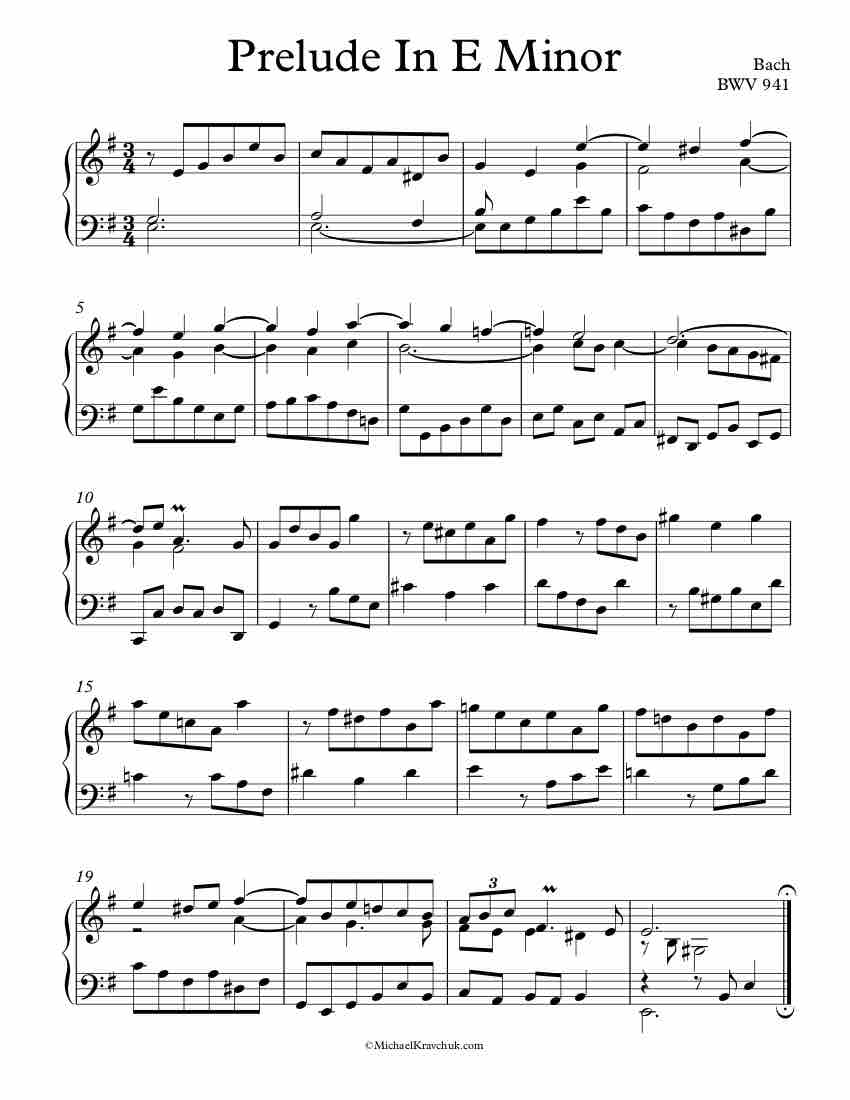 Free Piano Sheet Music - Prelude In E Minor - BWV 941 - Bach