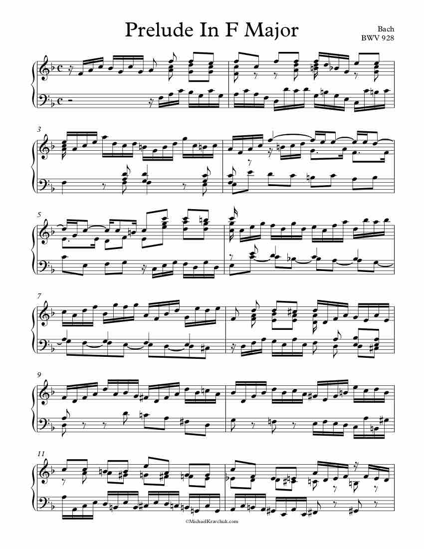 Free Piano Sheet Music - Prelude In F Major - BWV 928 - Bach