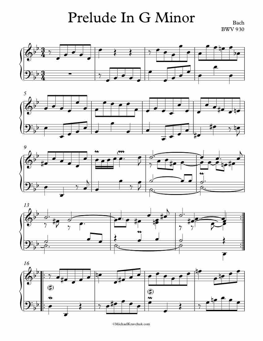 Free Piano Sheet Music - Prelude In G Minor - BWV 930 - Bach