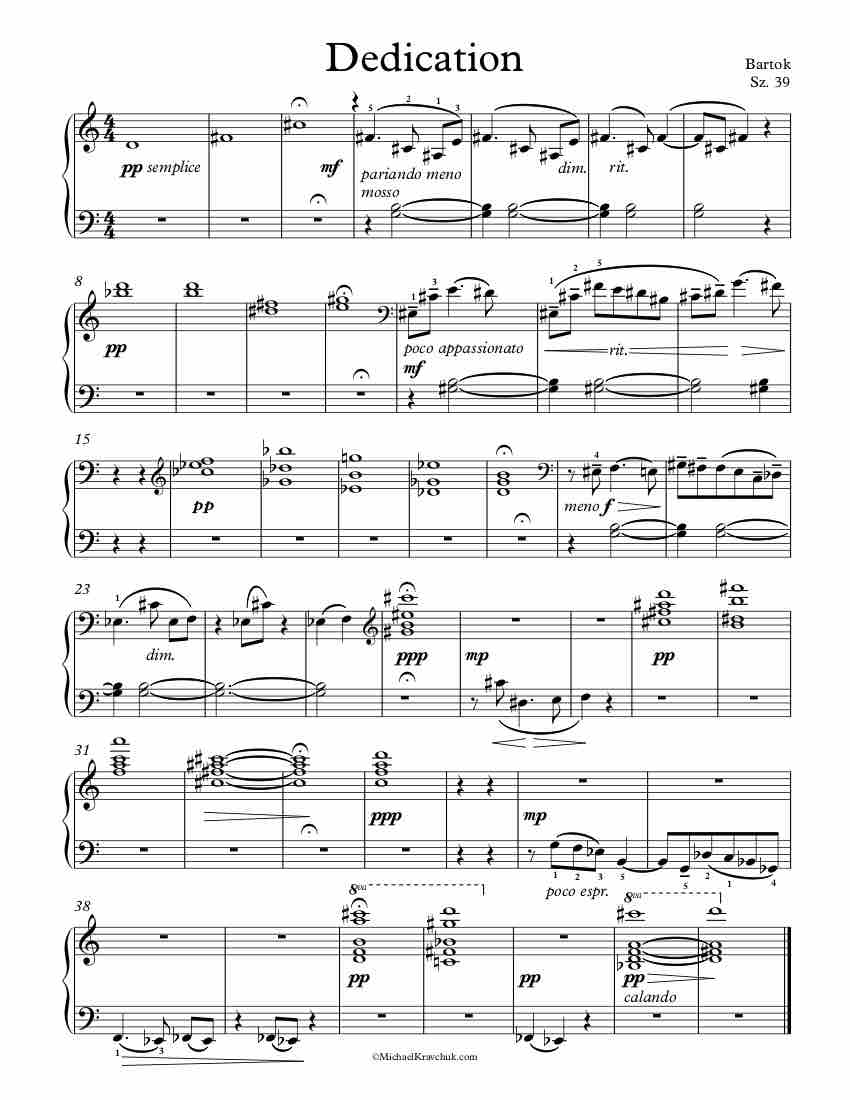 Free Piano Sheet Music - 10 Easy Pieces - Sz. 39 - Dedication - Bartok