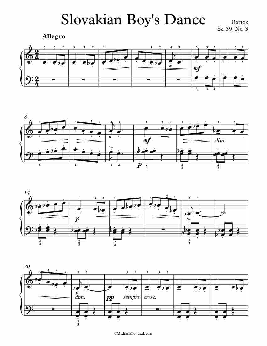 Free Piano Sheet Music - 10 Easy Pieces - Sz. 39 - No. 3 - Bartok