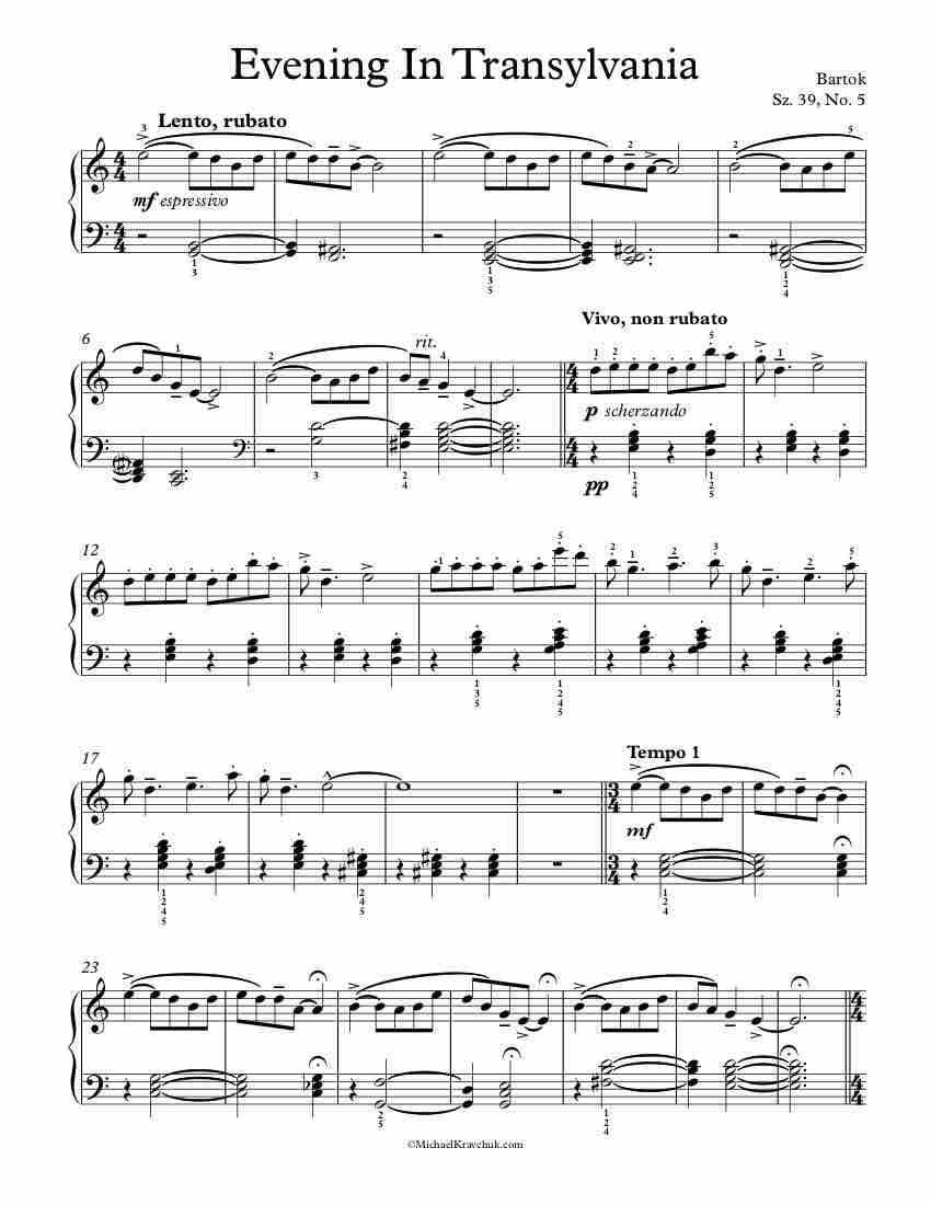 Free Piano Sheet Music - 10 Easy Pieces Sz. 39, No. 5 - Bartok