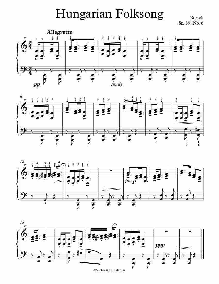 Free Piano Sheet Music - 10 Easy Pieces Sz. 39, No. 6 - Bartok