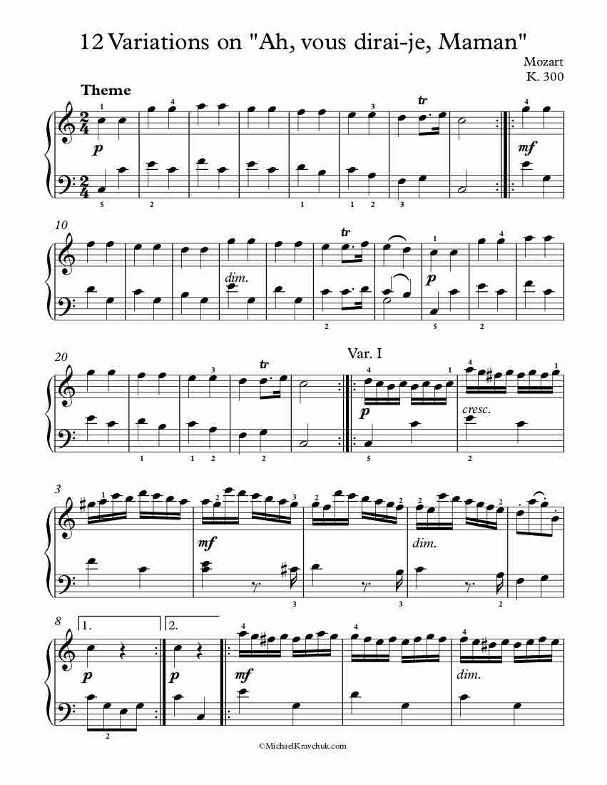 Free Sheet Music - 12 Variations on Twinkle Little Star - Mozart