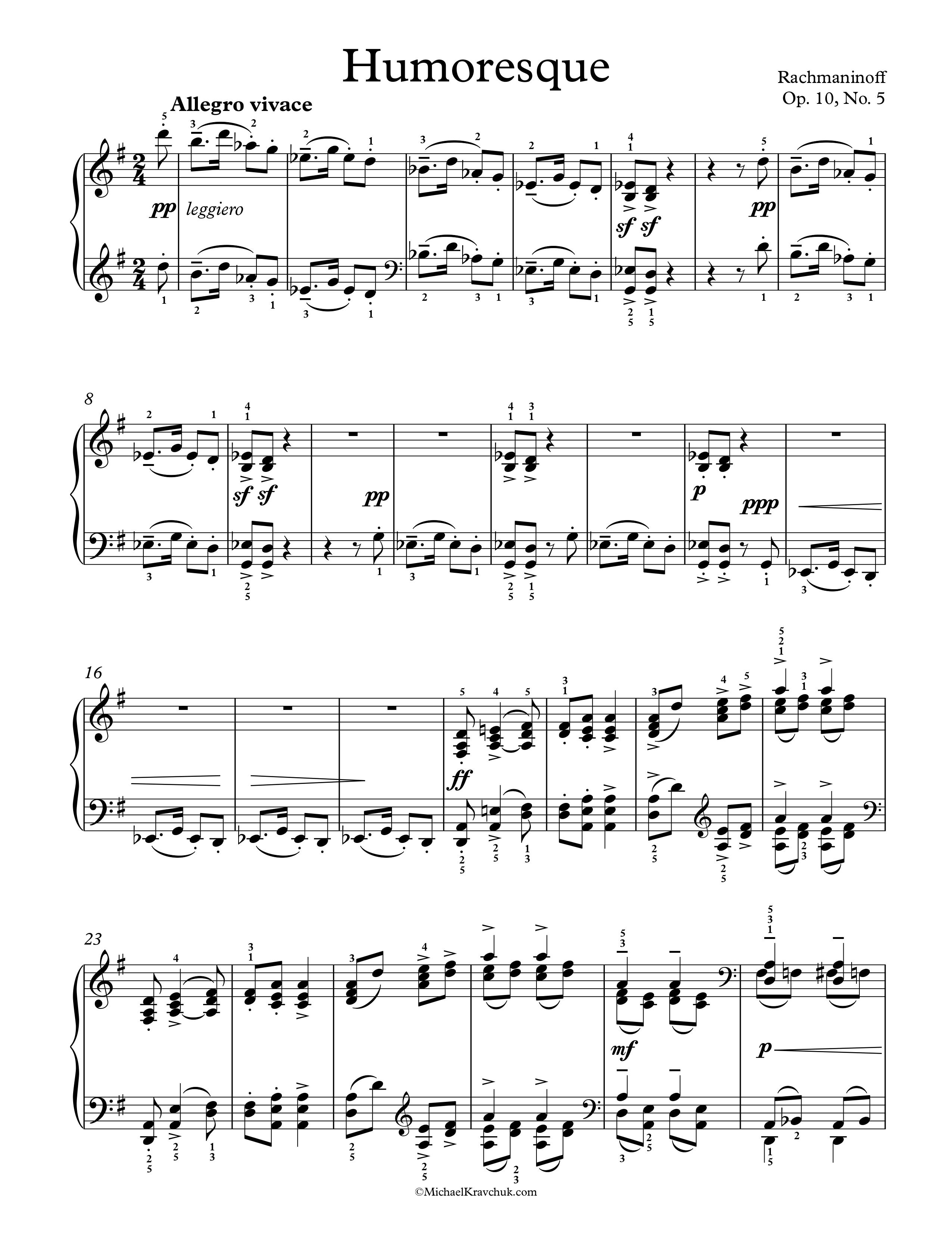 Free Piano Sheet Music - Humoresque Op. 10, No. 5 - Rachmaninoff