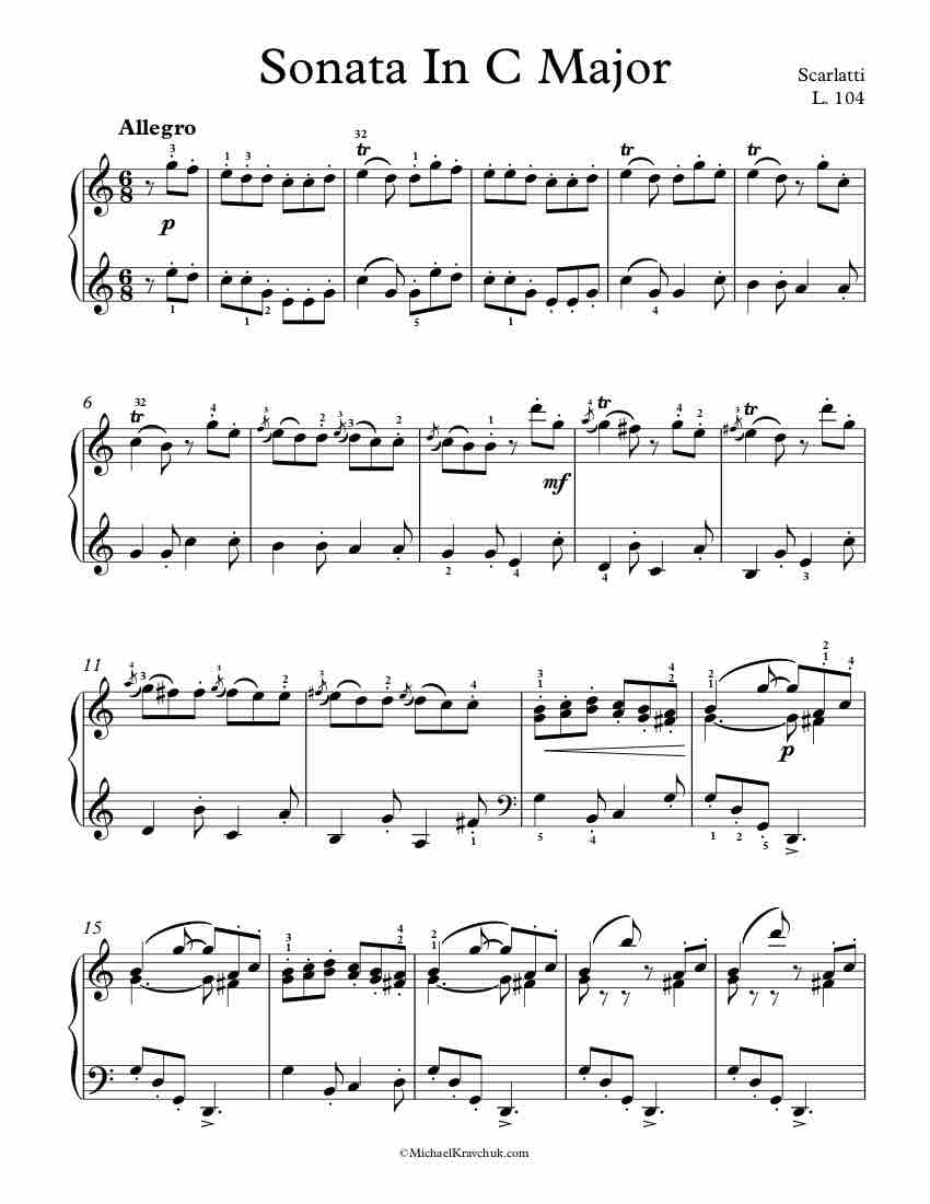 Free Piano Sheet Music - Sonata In C Major L. 104 - Scarlatti