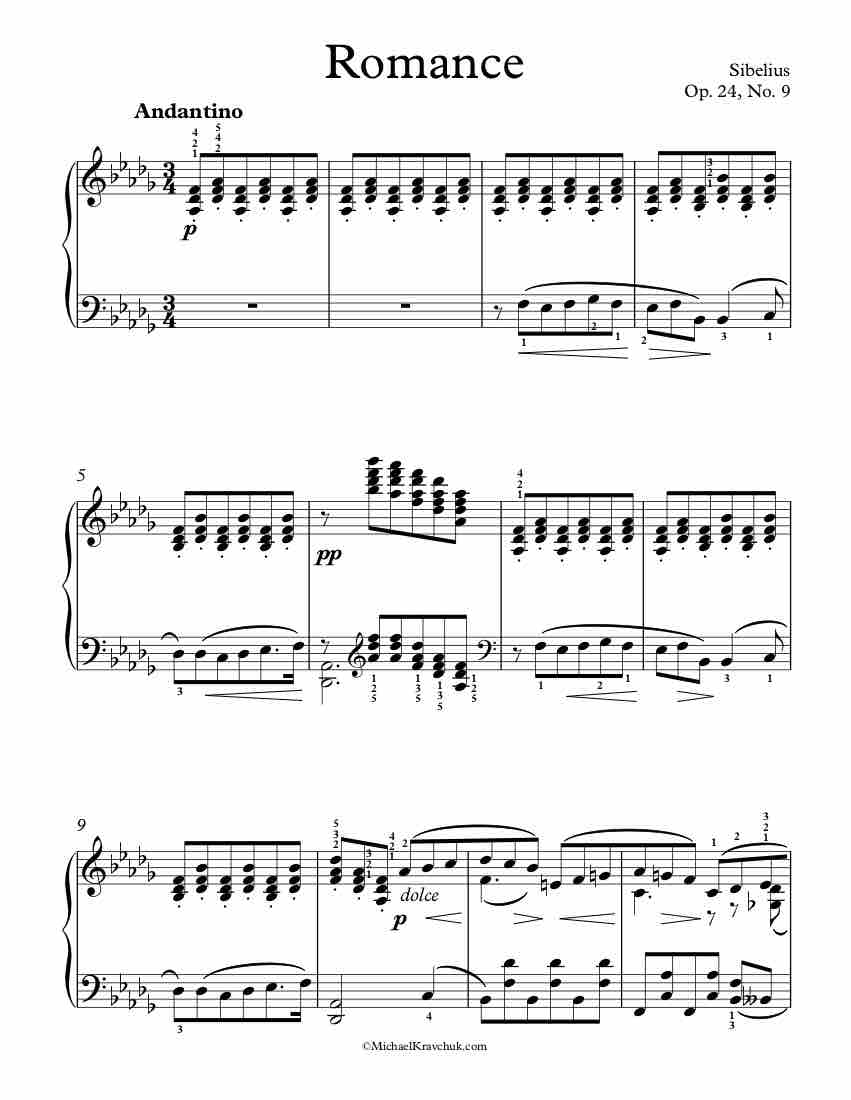 Free Piano Sheet Music - Romance Op. 24, No. 9 - Sibelius