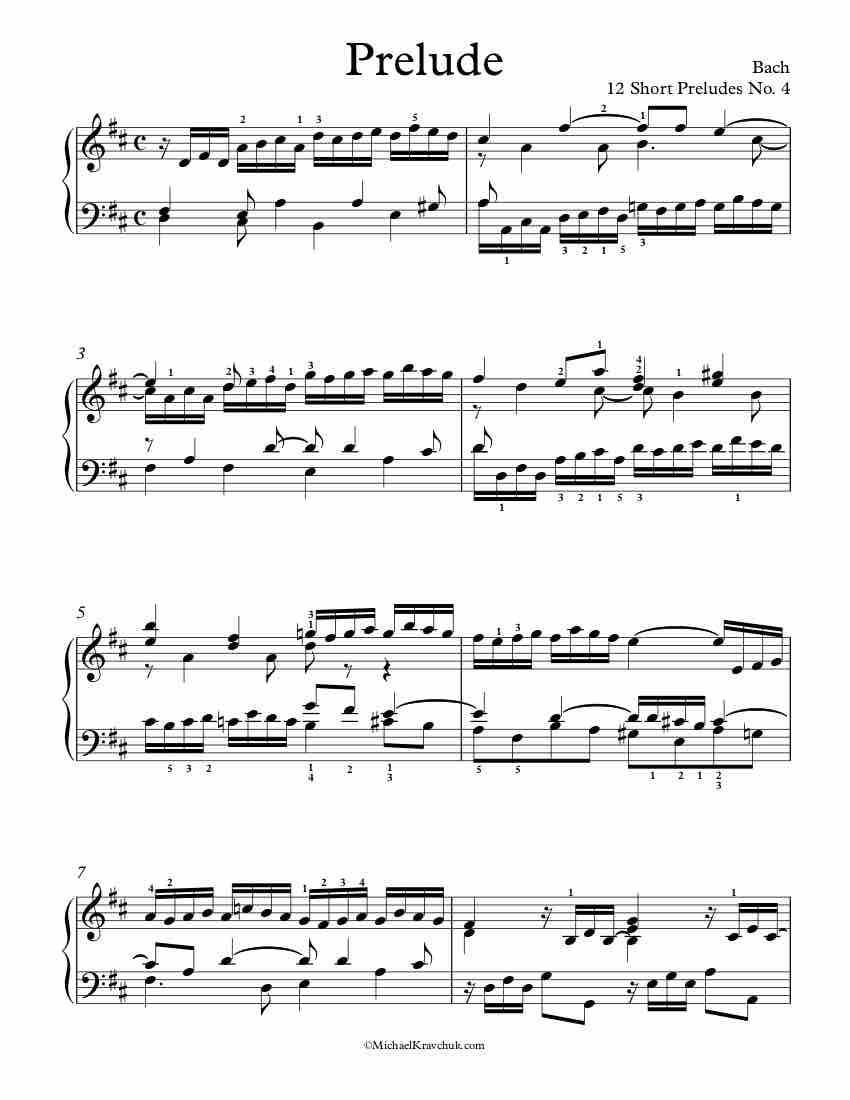 Free Piano Sheet Music - 12 Short Preludes No. 4 - Bach