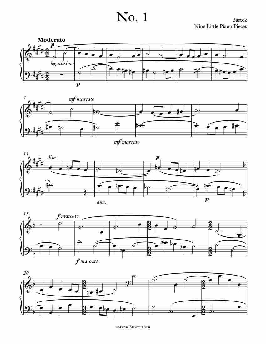 Free Piano Sheet Music - Nine Little Pieces, No. 1 - Bartok