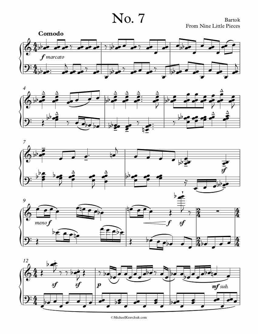 Free Piano Sheet Music -From Nine Little Pieces - No. 7 - Bartok