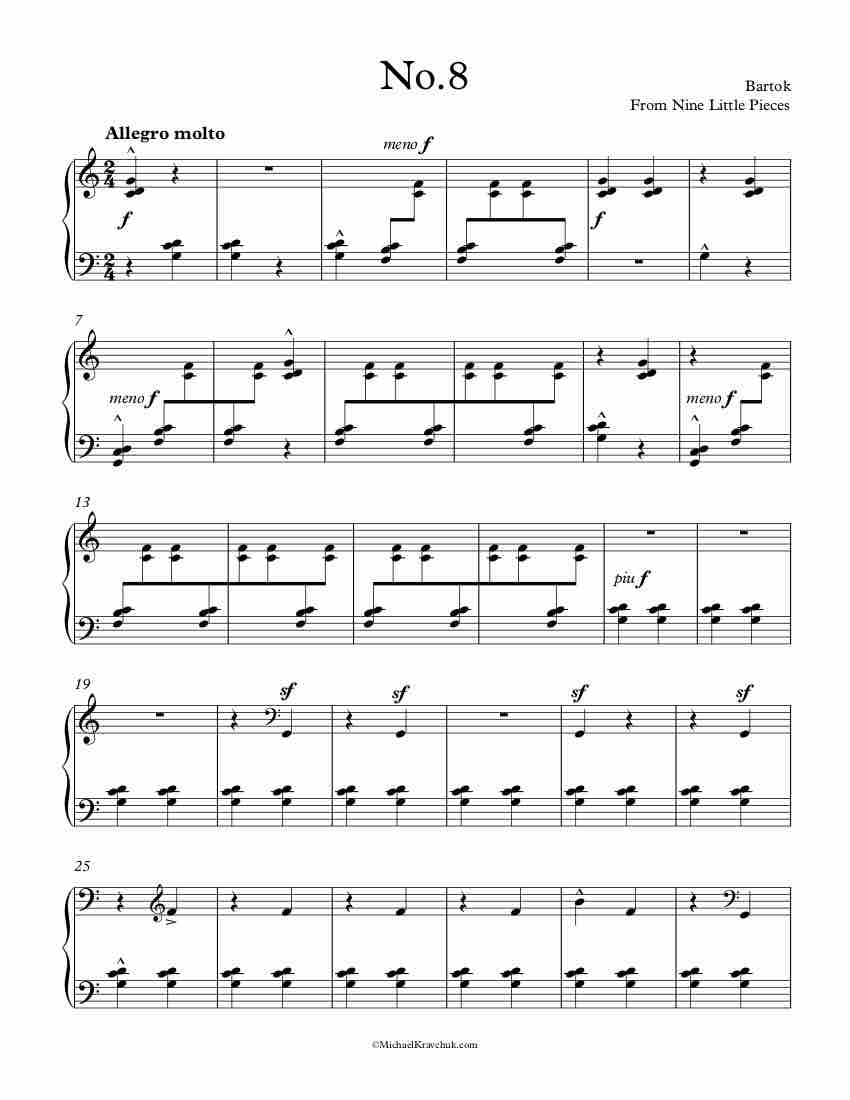 Free Piano Sheet Music -From Nine Little Pieces – No. 8 – Bartok