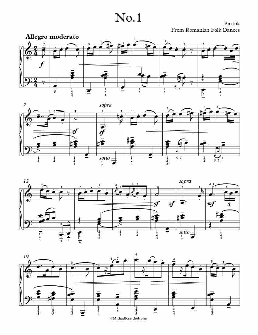 Free Piano Sheet Music - Romanian Folk Dances - No.1 - Bartok