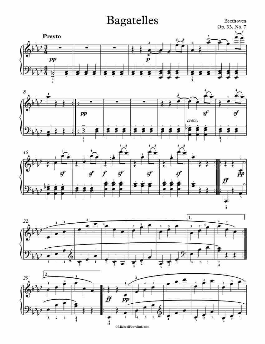 Free Piano Sheet Music – Bagatelles Op. 33, No. 7 – Beethoven