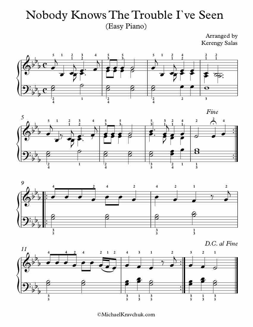 Free Piano Arrangement Sheet Music - Nobody Knows The Trouble I've Seen