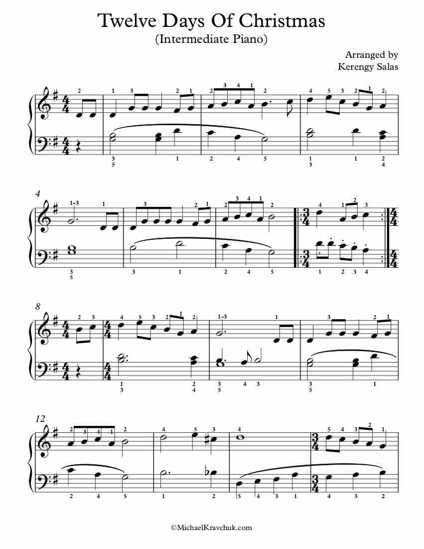 Free Piano Arrangement Sheet Music – Twelve Days Of Christmas