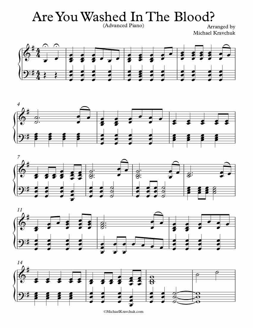 Free Piano Arrangement Sheet Music – Are You Washed In The Blood? - Advanced