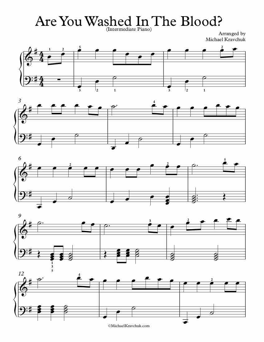 Free Piano Arrangement Sheet Music – Are You Washed In The Blood? - Intermediate