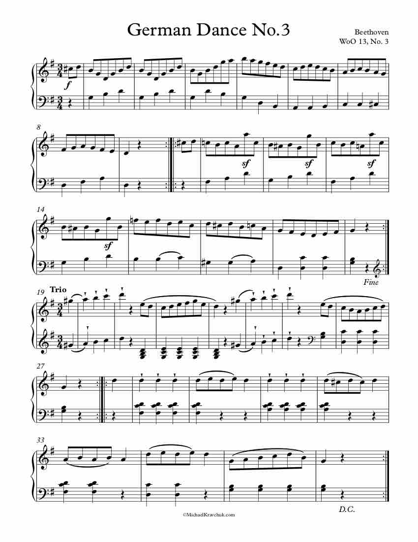 Free Piano Sheet Music – German Dance No. 3 – WoO 13 – Beethoven