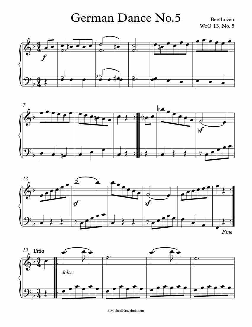 Free Piano Sheet Music – German Dance No. 5 – WoO 13 – Beethoven