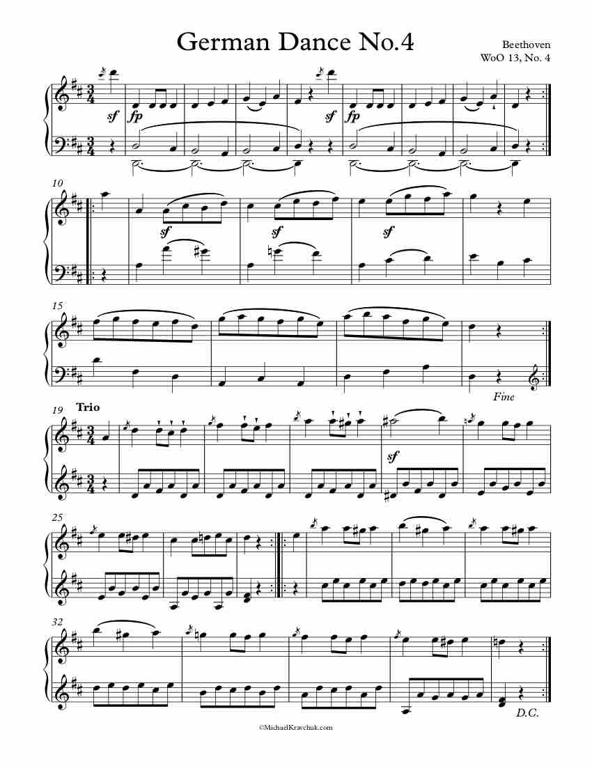 Free Piano Sheet Music – German Dance No. 4 – WoO 13 – Beethoven