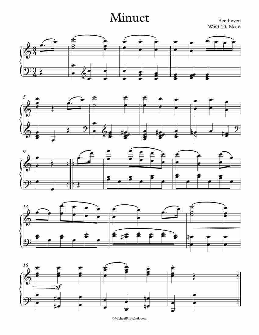 Free Piano Sheet Music – Minuet No. 6 – WoO 10 – Beethoven