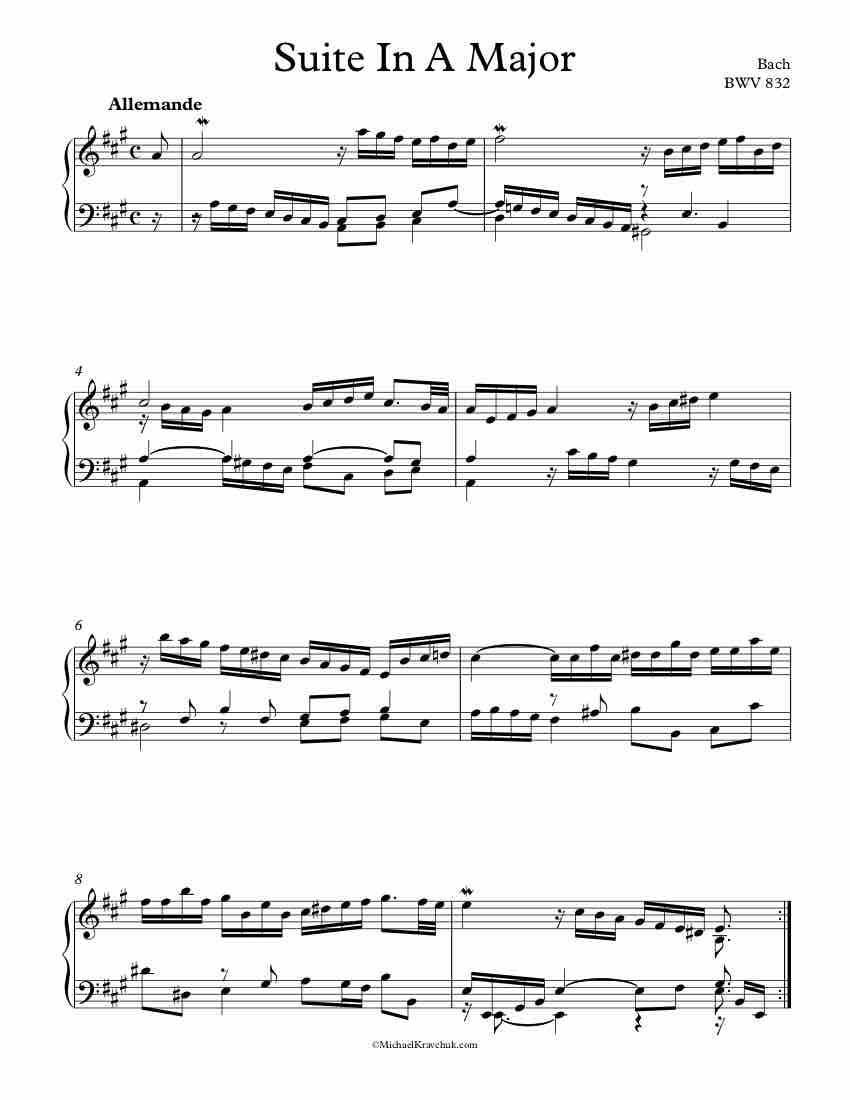 Free Piano Sheet Music - English Suite In A Major - BWV 832 - Bach