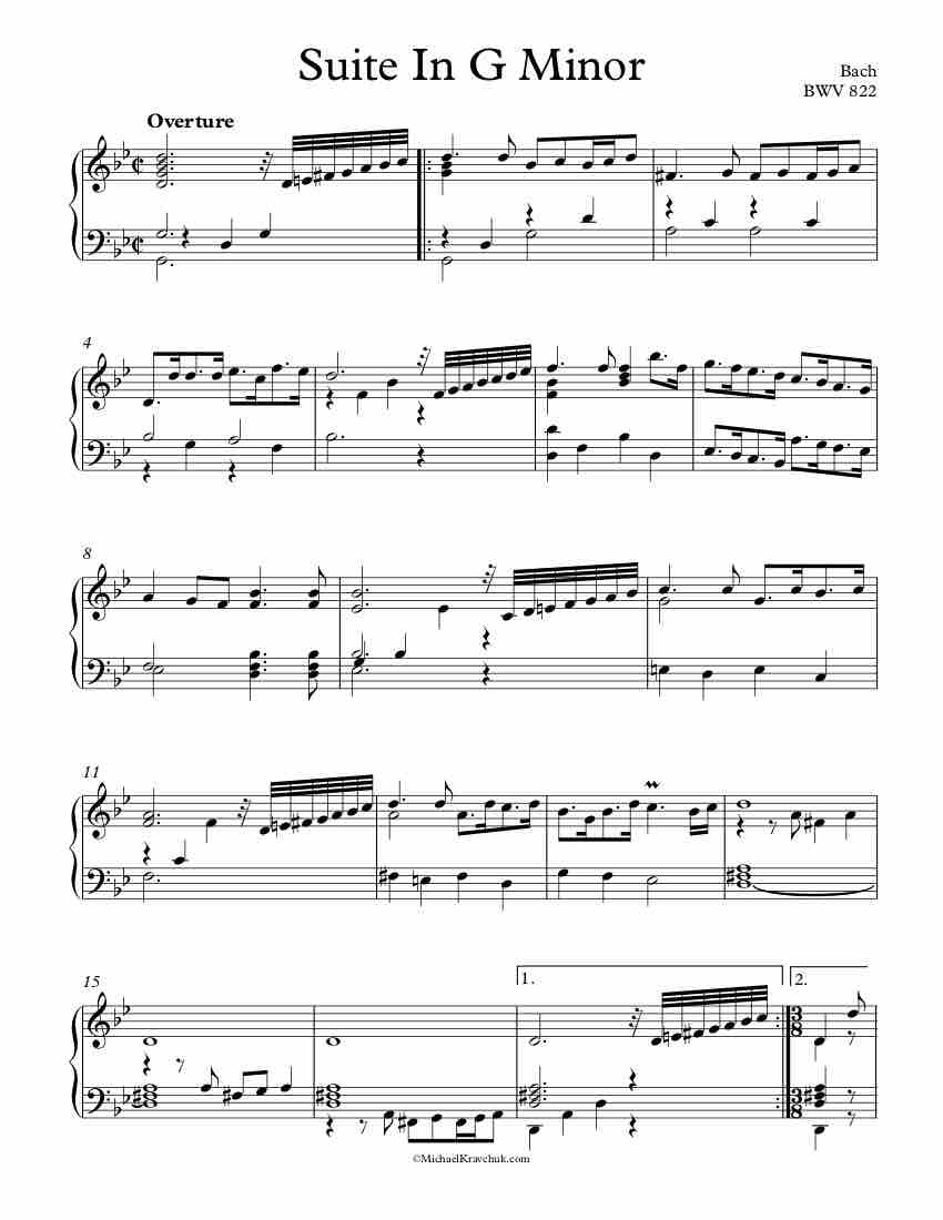 Free Piano Sheet Music - English Suite In G Minor - BWV 822 - Bach